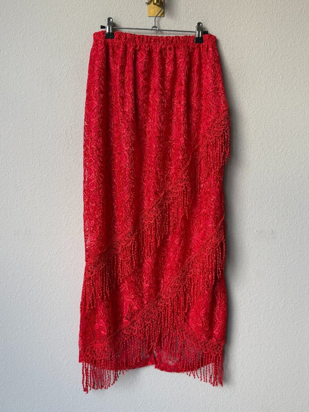 Vintage Red Lace Fringe Midi Skirt Made in USA Size L
